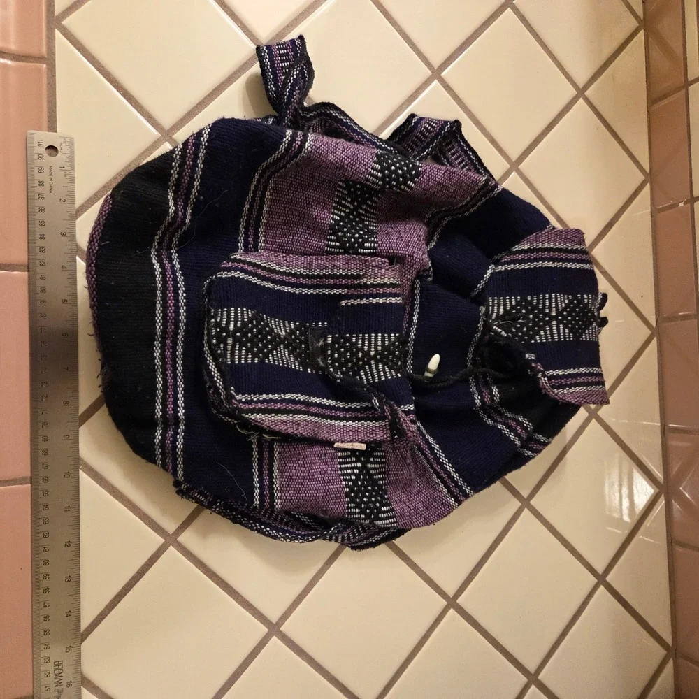 Rugerio's Baja Mexican Blanket Backpack Purple Navy Blue Woven Boho Bag